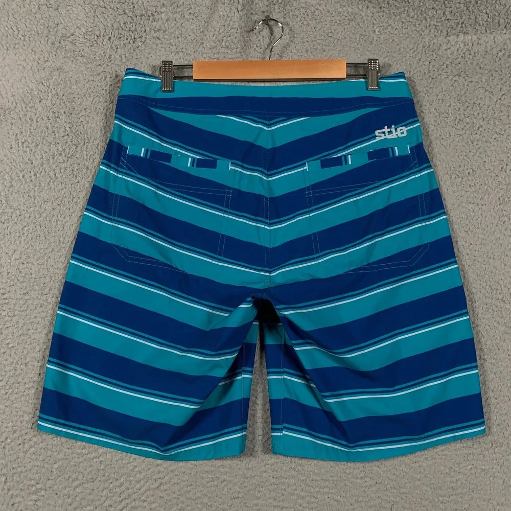 Stio CFS Board Shorts Mens 33 Blue Stripe Performance Swim Trunks Quick Dry Surf